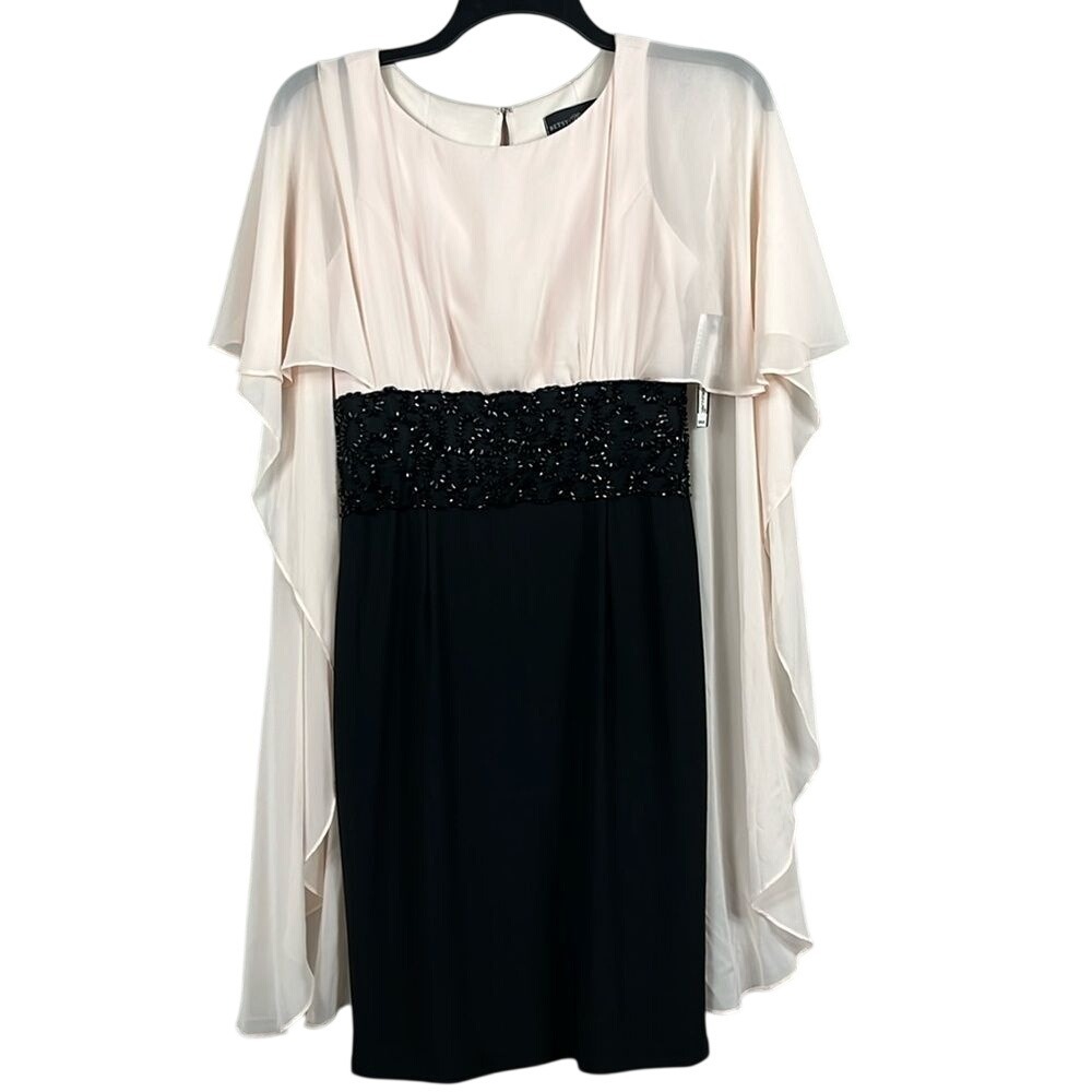 Betsy & Adam Black with Blush Cape Cocktail Midi Dress Womens Size 8‎ NWT